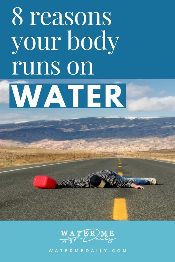 Man laying on empty road in desert with a gas can