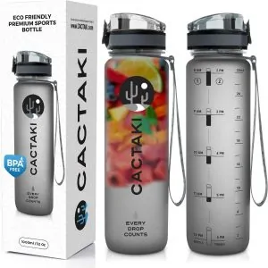 Cactaki water bottle with ounces, time marker, filter, and strap.