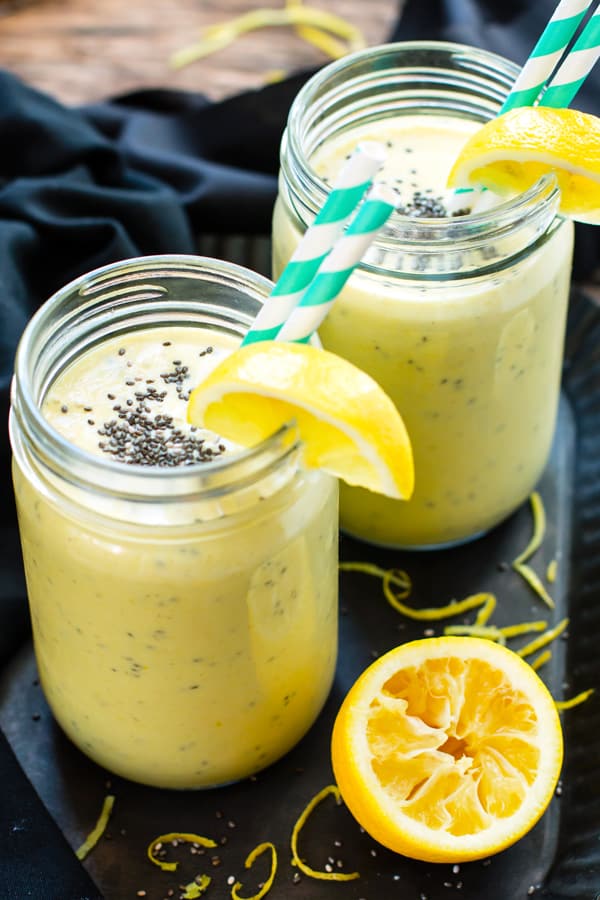 Lemon tumeric smoothie with chia seeds from Evolving Table.