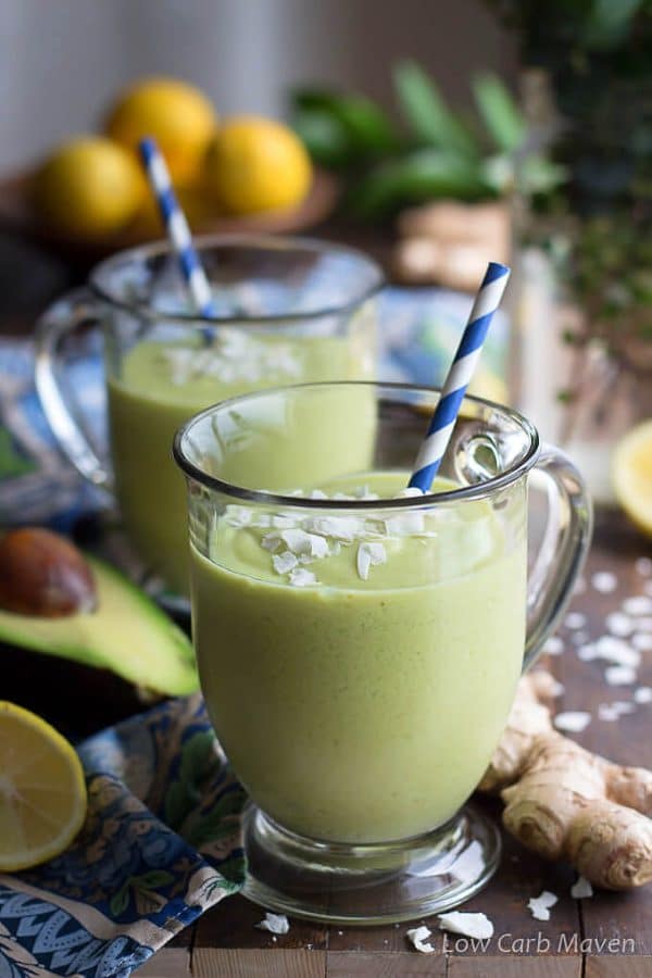 Keto avocado smoothie with coconut milk, ginger, and turmeric from Low Carb Maven.