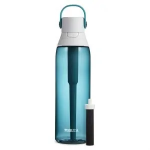 Brita premium filtering water bottle with filter in sea green.