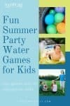 Water balloons, boy sliding on slip and slide, and group of kids playing duck duck goose.